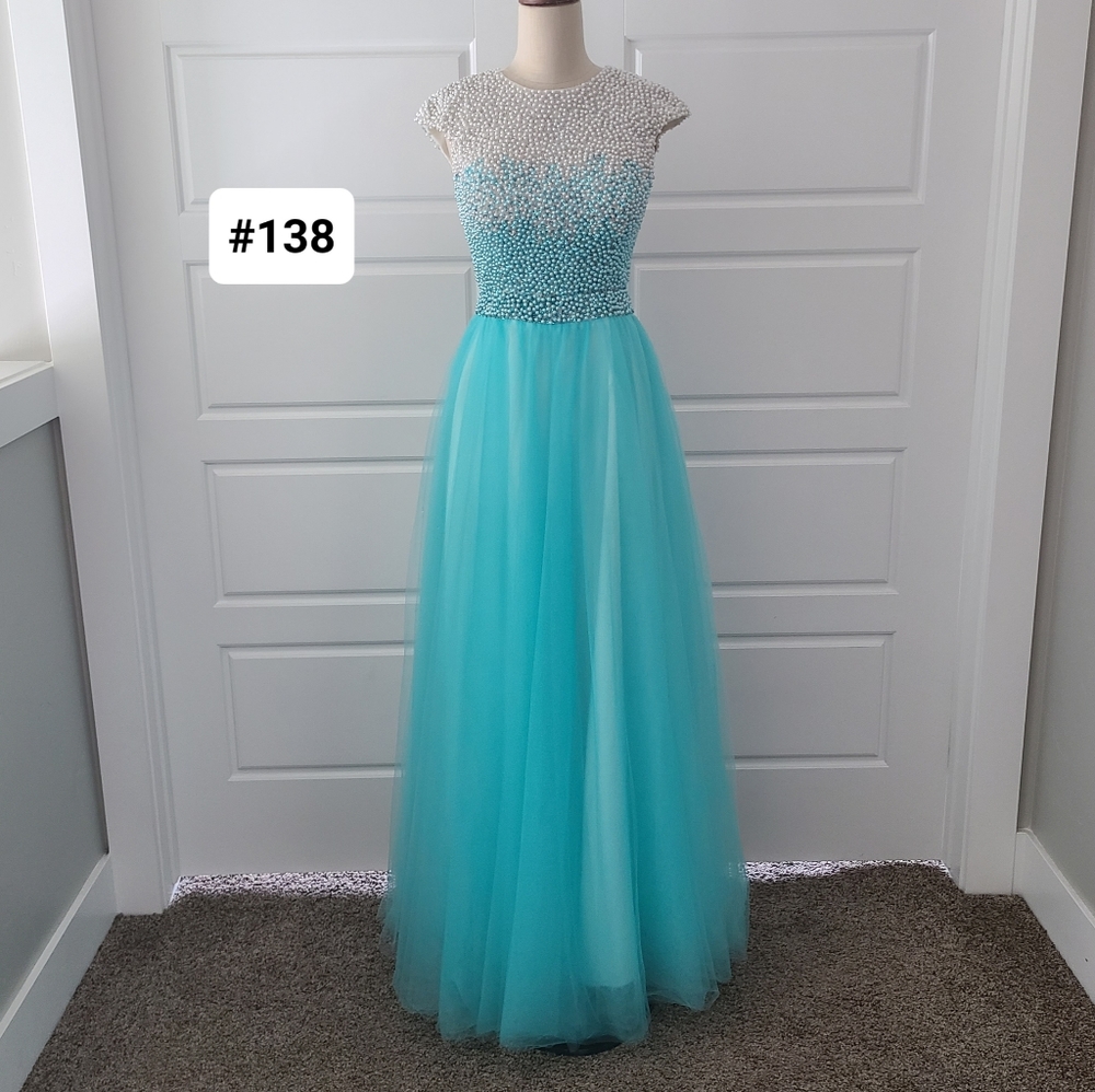 Aqua Blue & White Beaded Tulle Ballgown Prom Dress